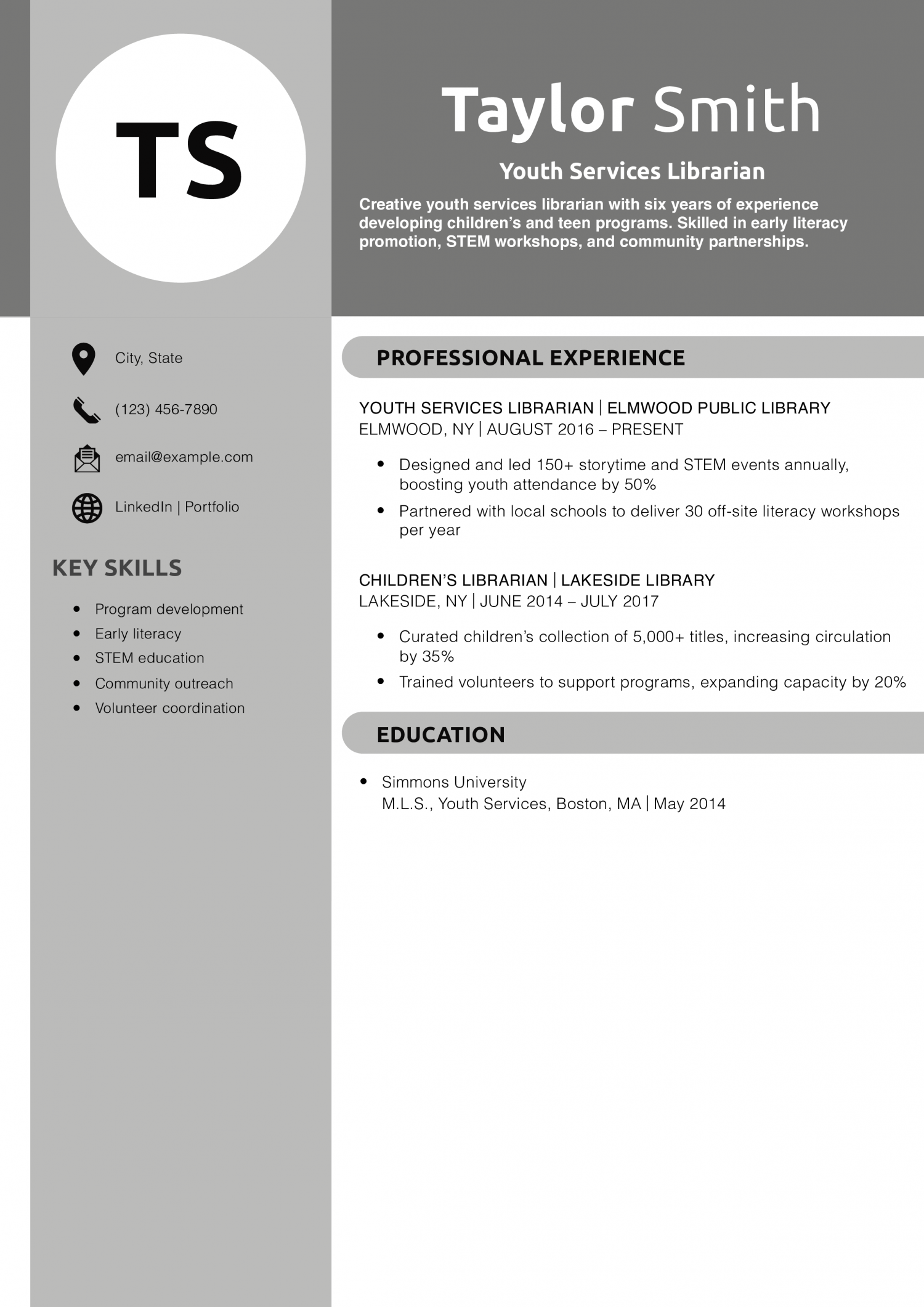 Youth Services Librarian Resume Example