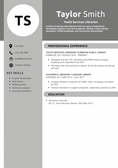 Youth Services Librarian Resume Example