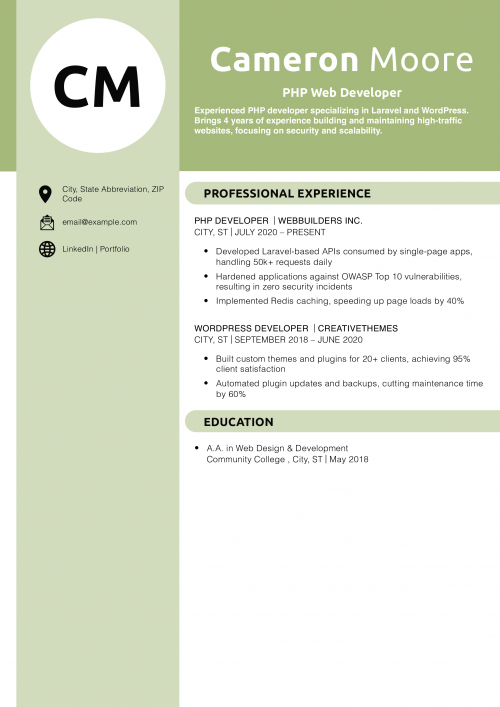 PHP Web Developer Resume Example 