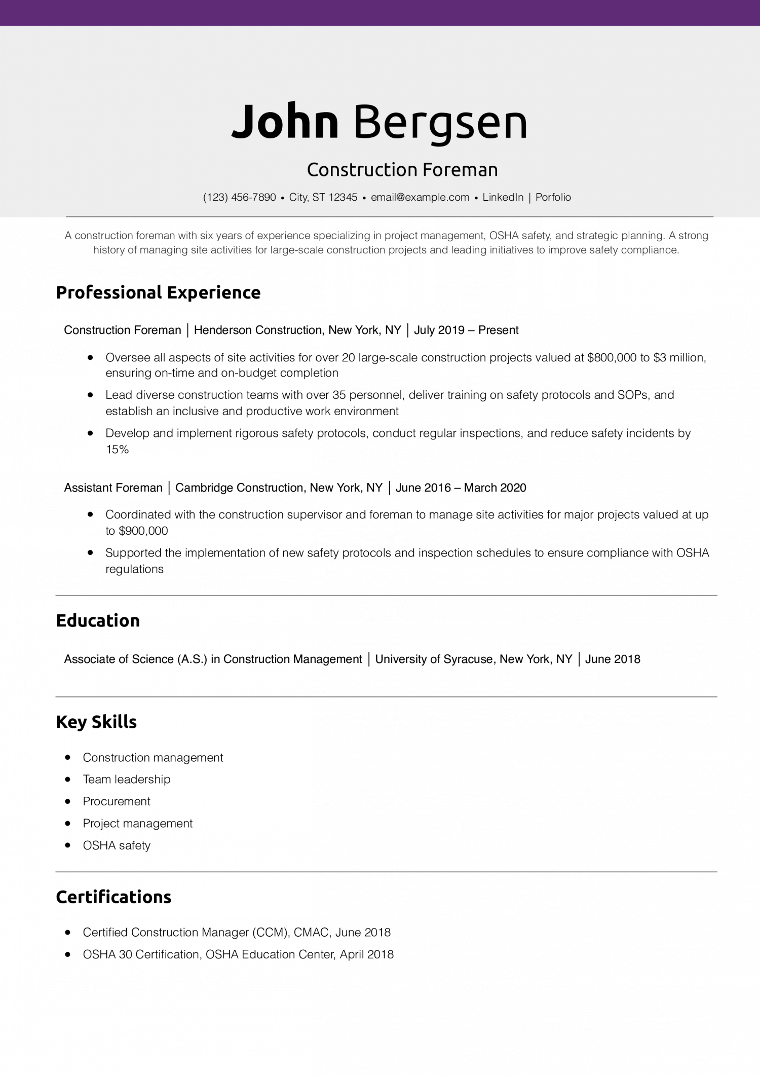 Construction Foreman Resume Example