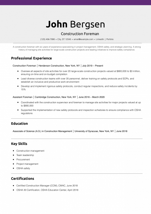 Construction Foreman Resume Example