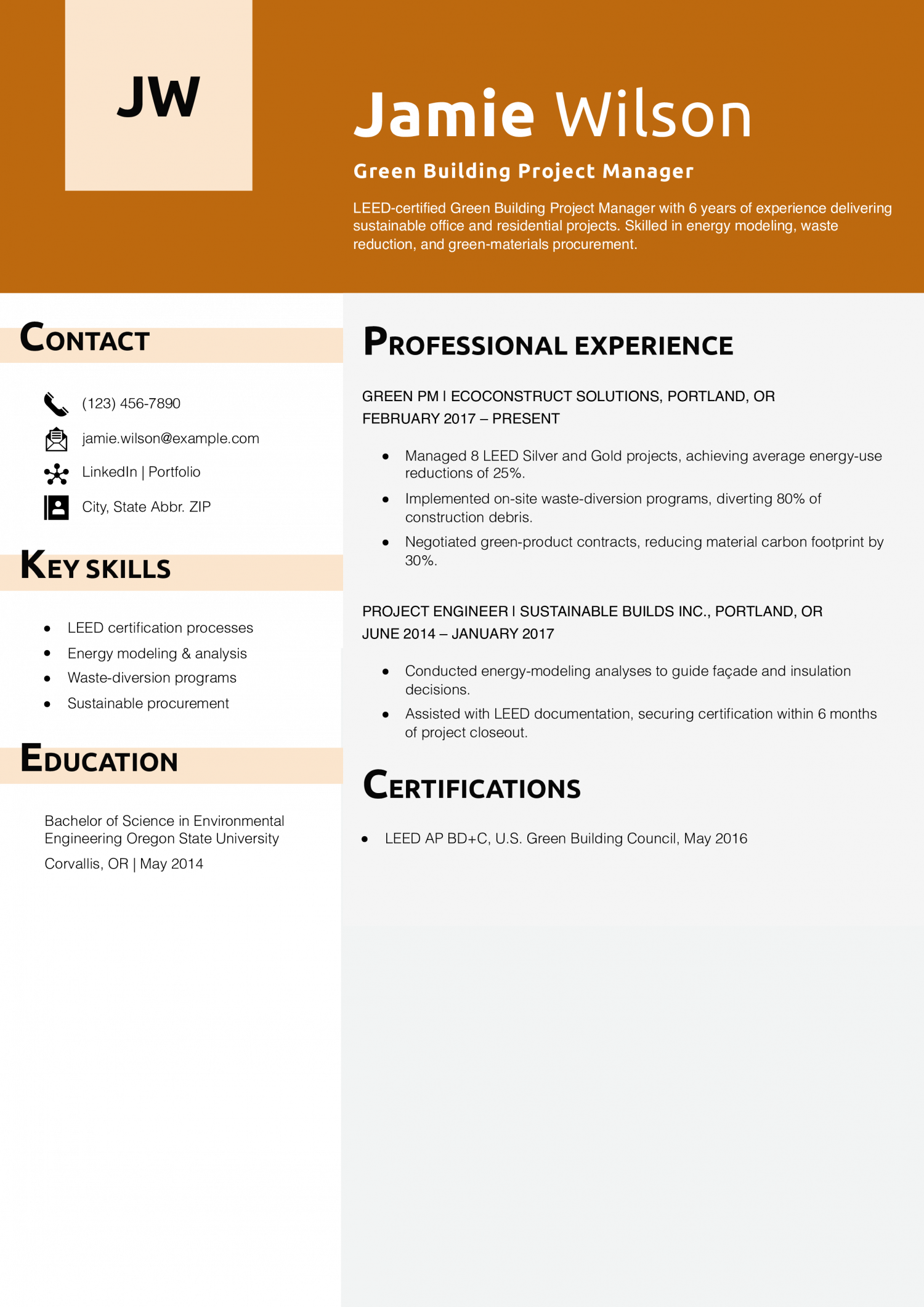 Green Building Project Manager Resume Example 