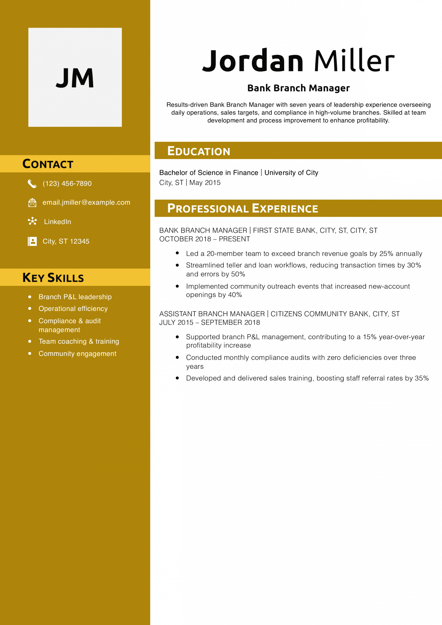 Bank Branch Manager Resume Example