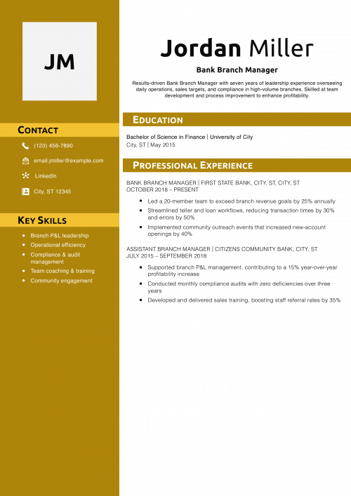 Bank Branch Manager Resume Example
