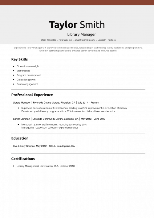 Library Manager Resume Example