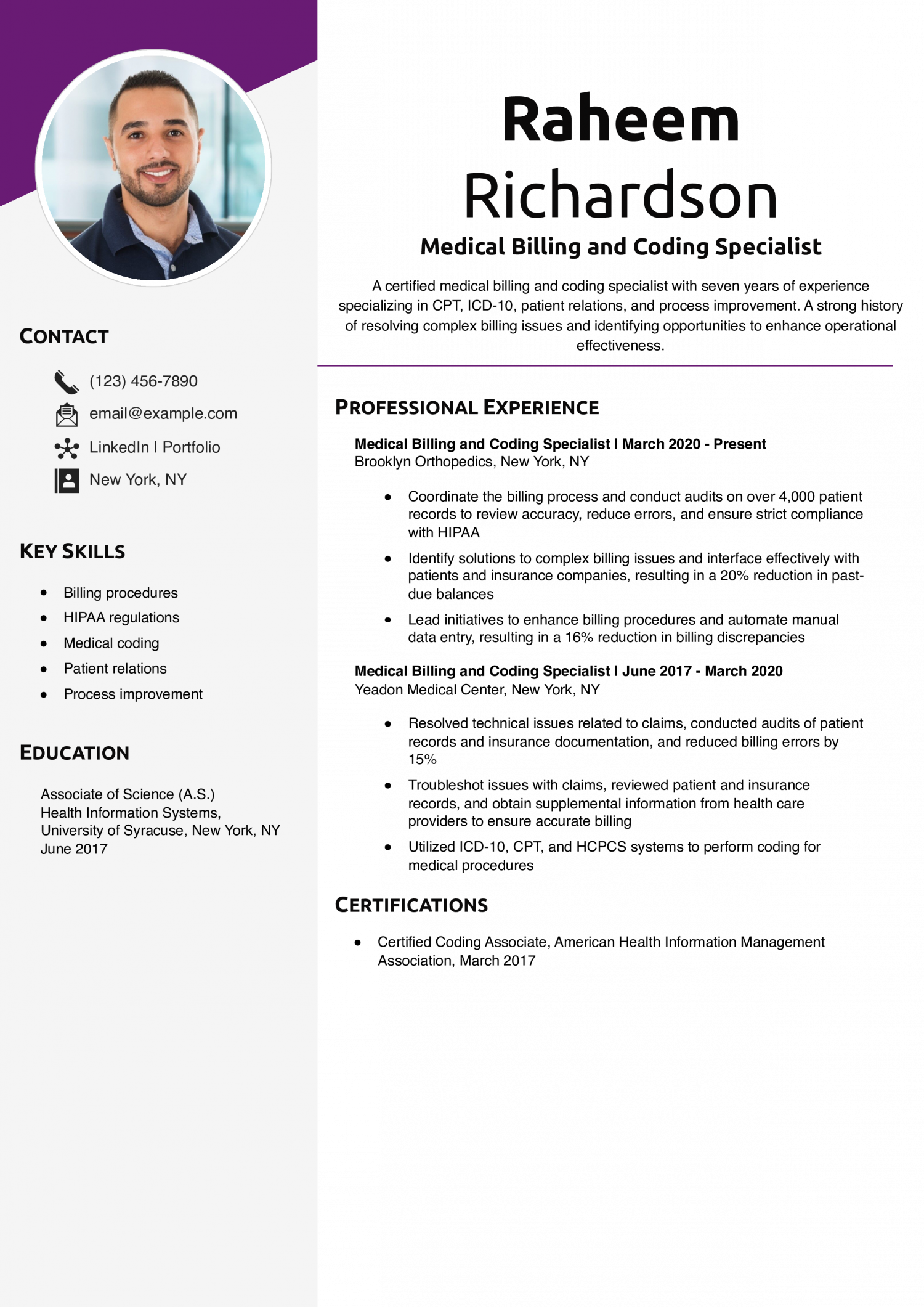 Medical Billing and Coding Specialist Resume