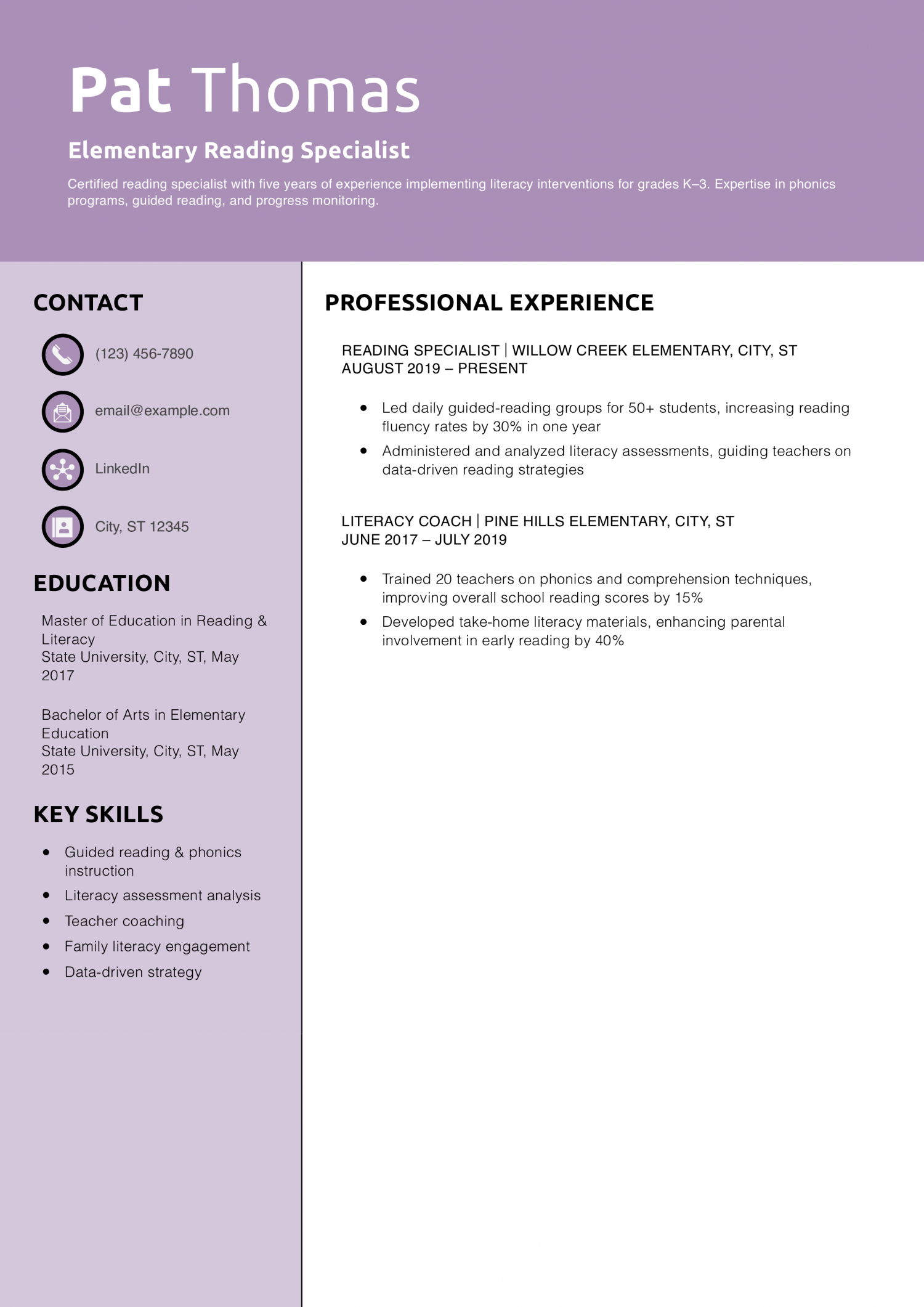 Elementary Reading Specialist Resume Example