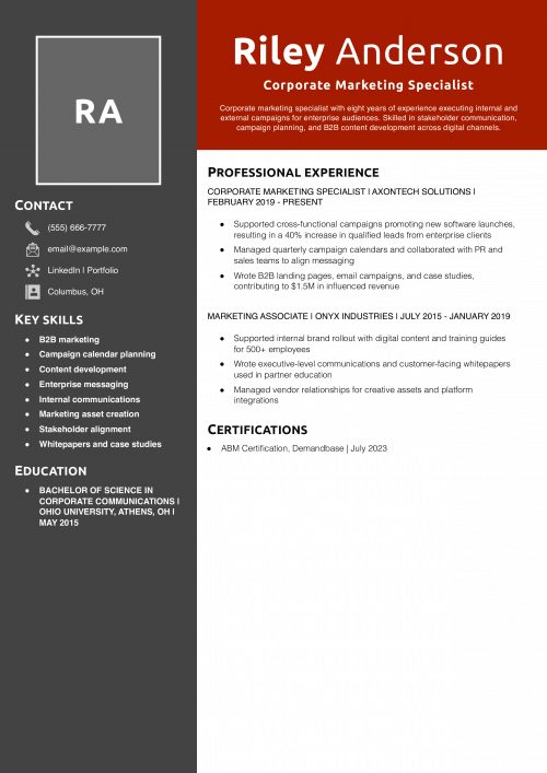 Corporate Marketing Specialist Resume  