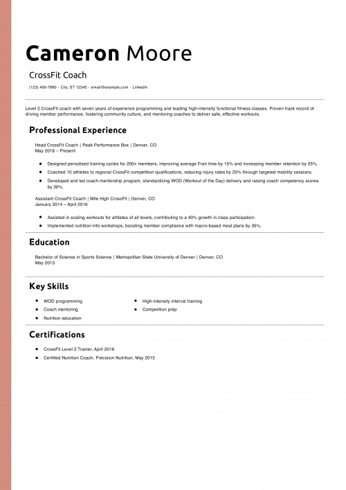 CrossFit Coach Resume Example