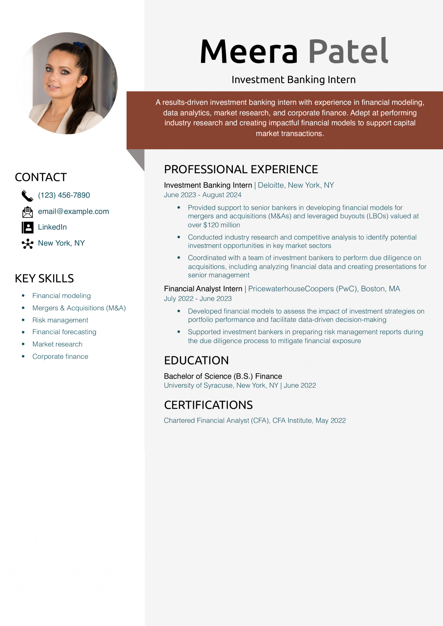 Investment Banking Intern Resume Example