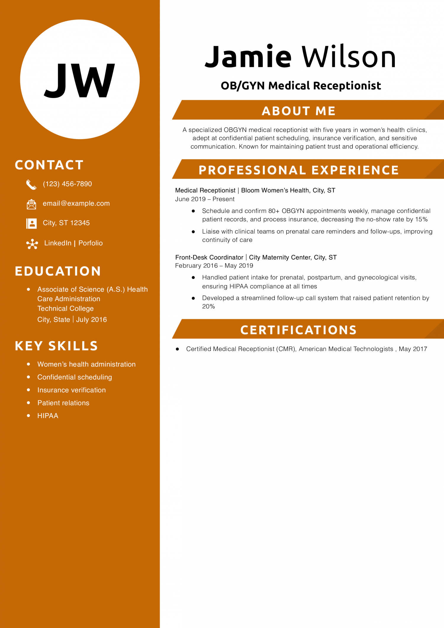 OB/GYN Medical Receptionist Resume Example