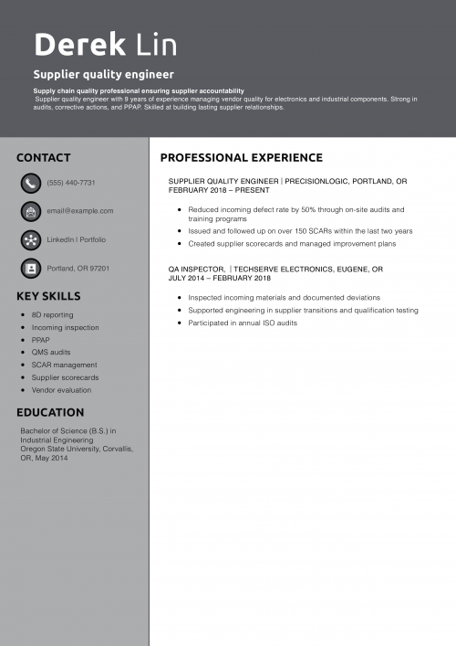 Supplier quality engineer resume