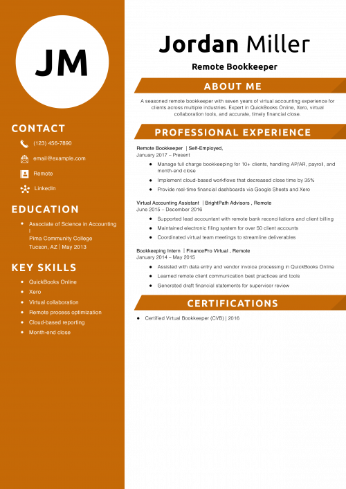 Remote Bookkeeper Resume Example 
