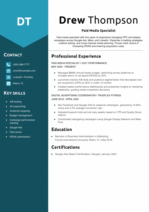 Paid Media Specialist Resume  