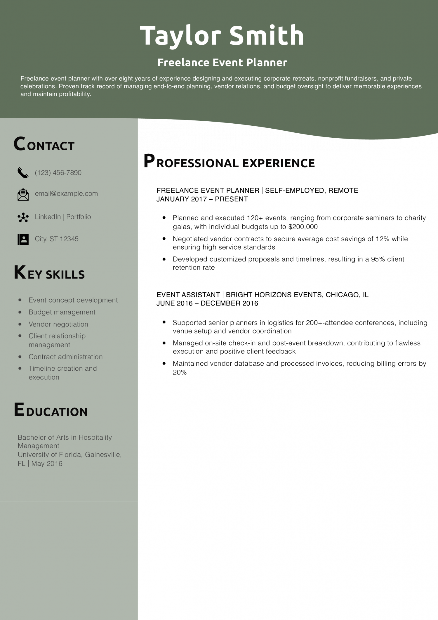 Freelance Event Planner Resume Example