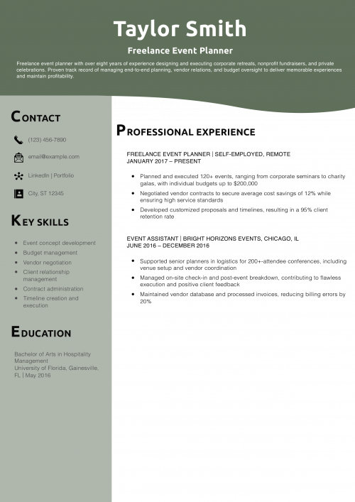 Freelance Event Planner Resume Example