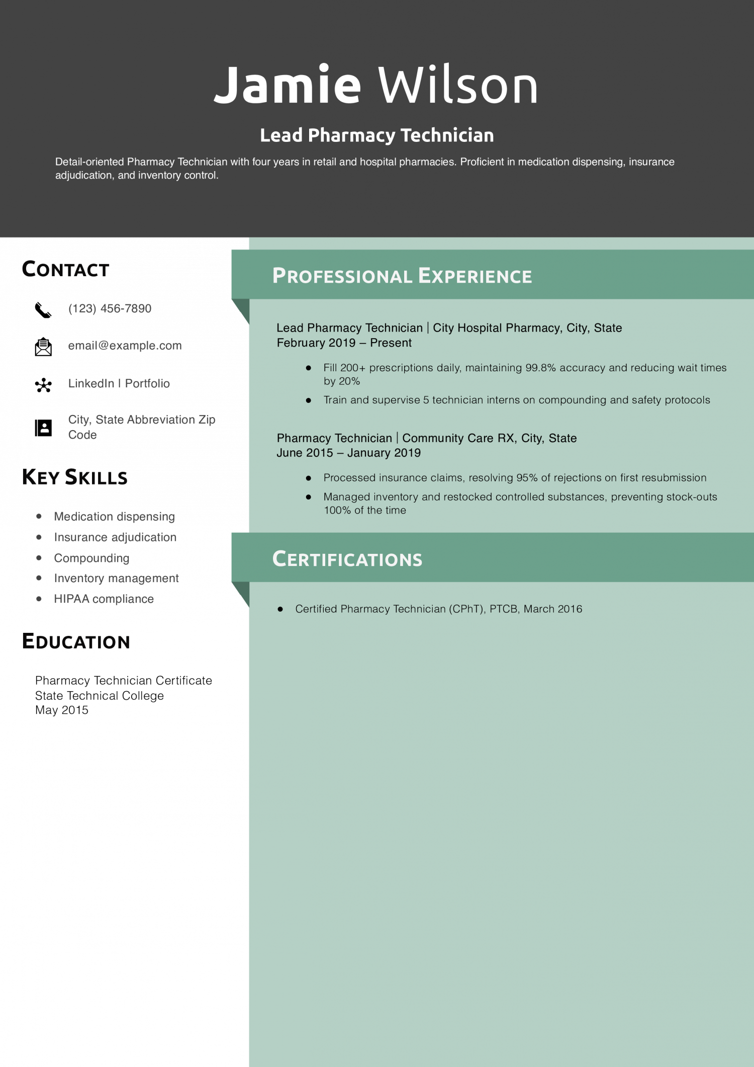 Lead Pharmacy Technician Resume Example