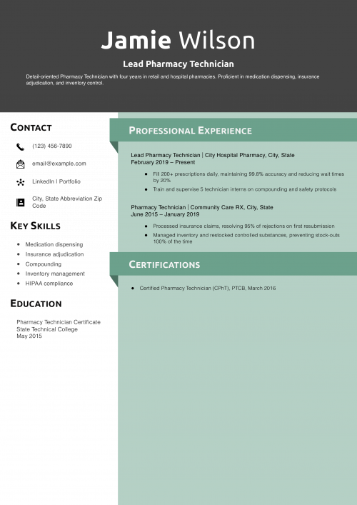 Lead Pharmacy Technician Resume Example
