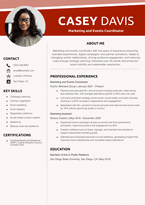Marketing and Events Coordinator Resume