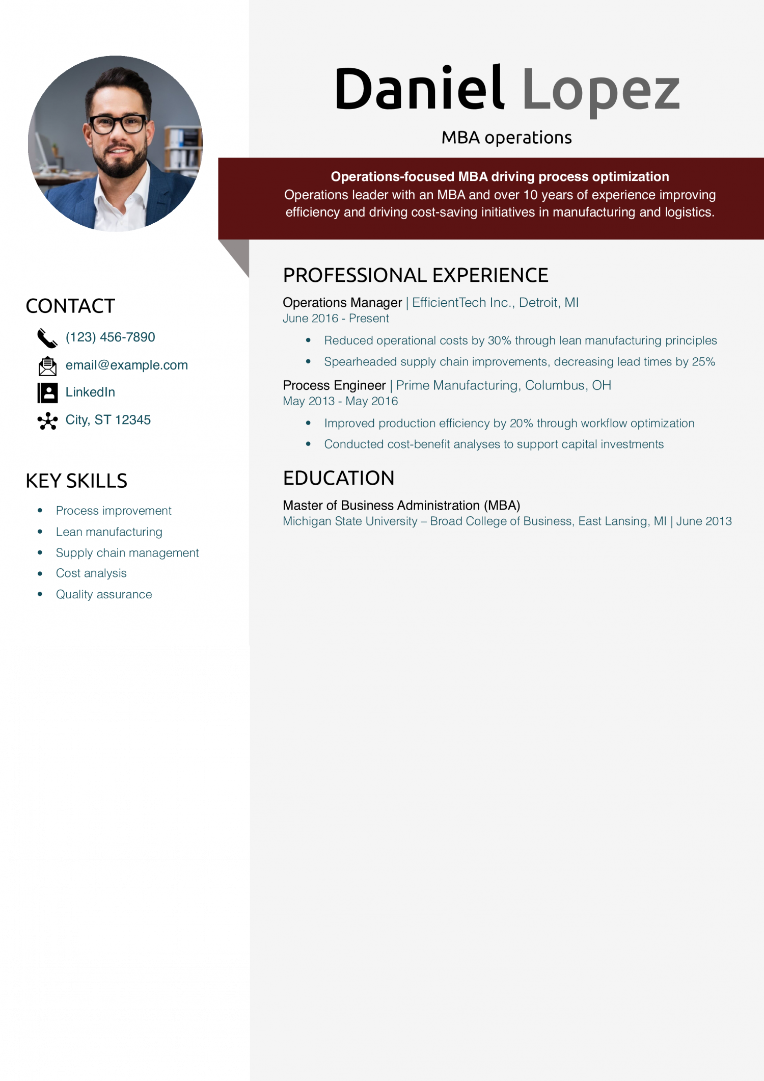MBA operations resume example