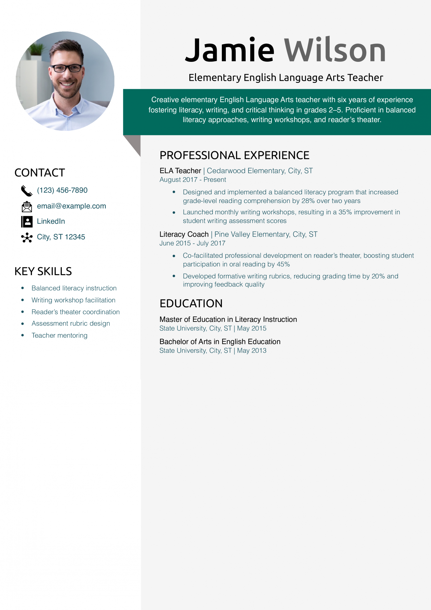 Elementary English Language Arts Teacher Resume Example