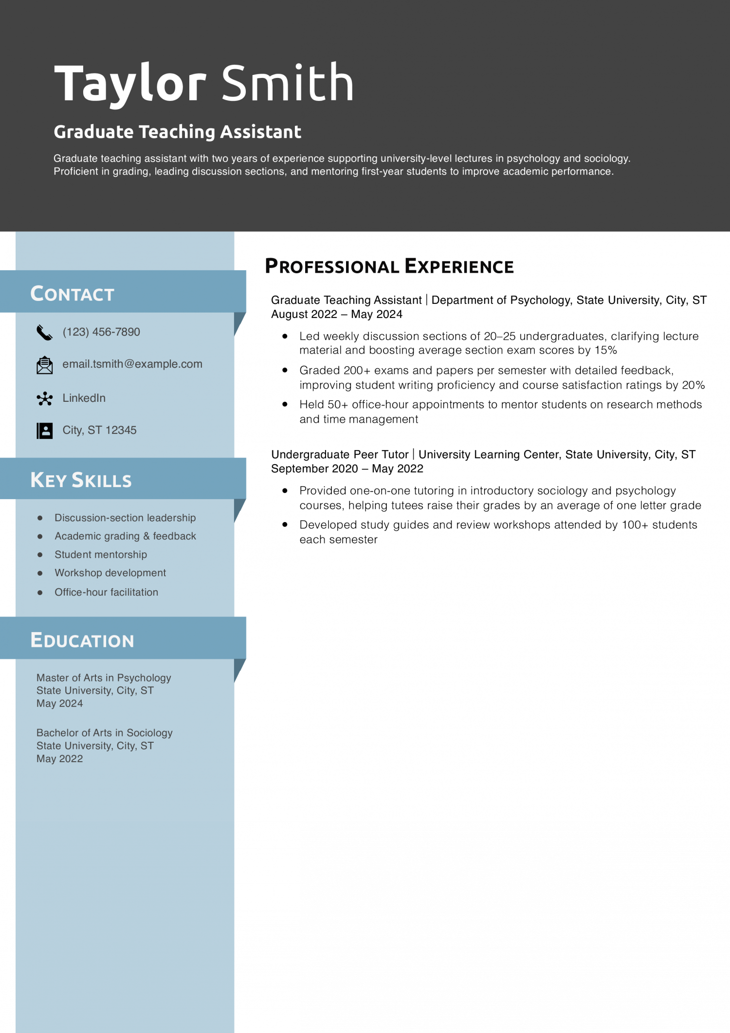 Graduate Teaching Assistant Resume Example