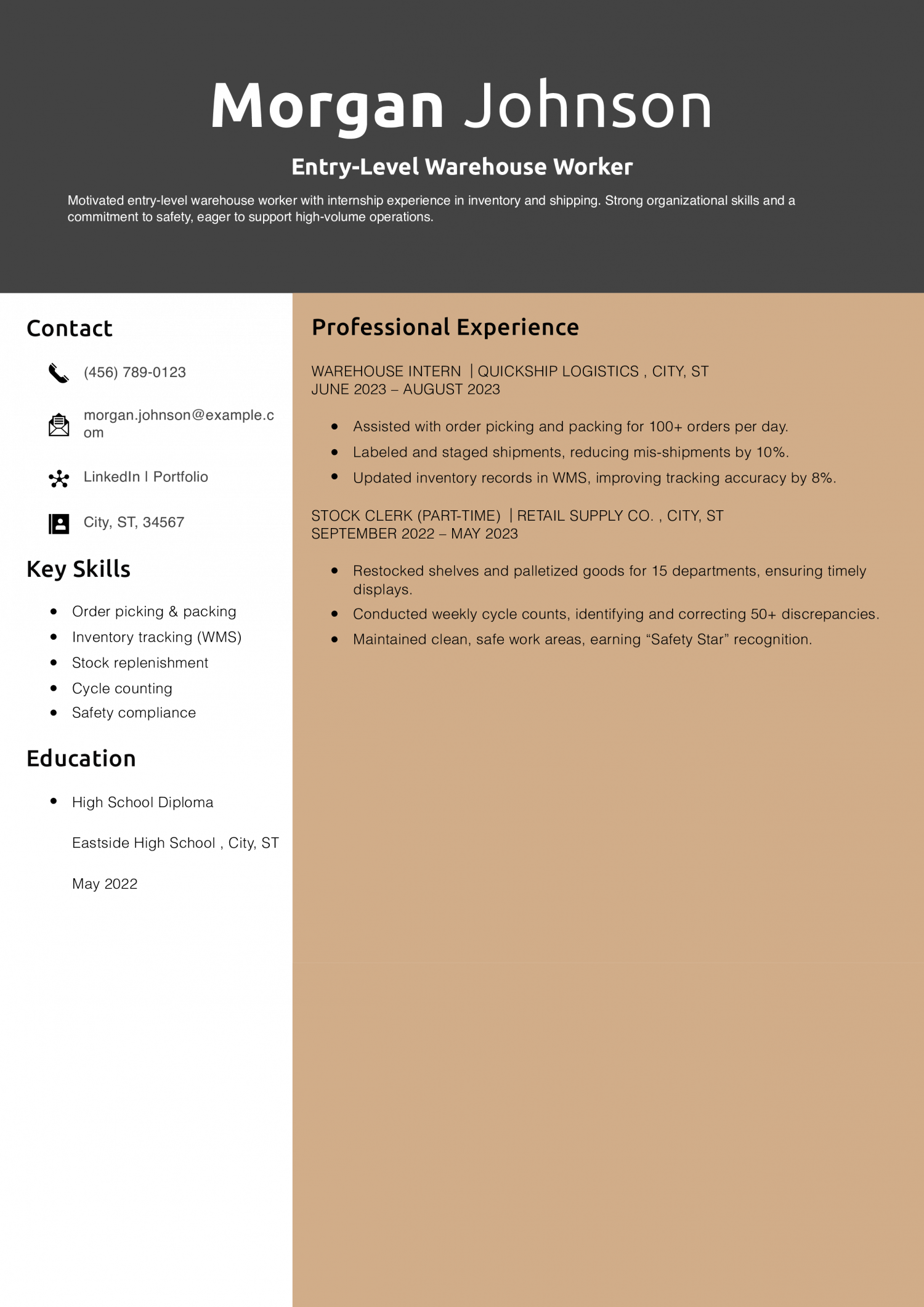 Entry-Level Warehouse Worker Resume Example