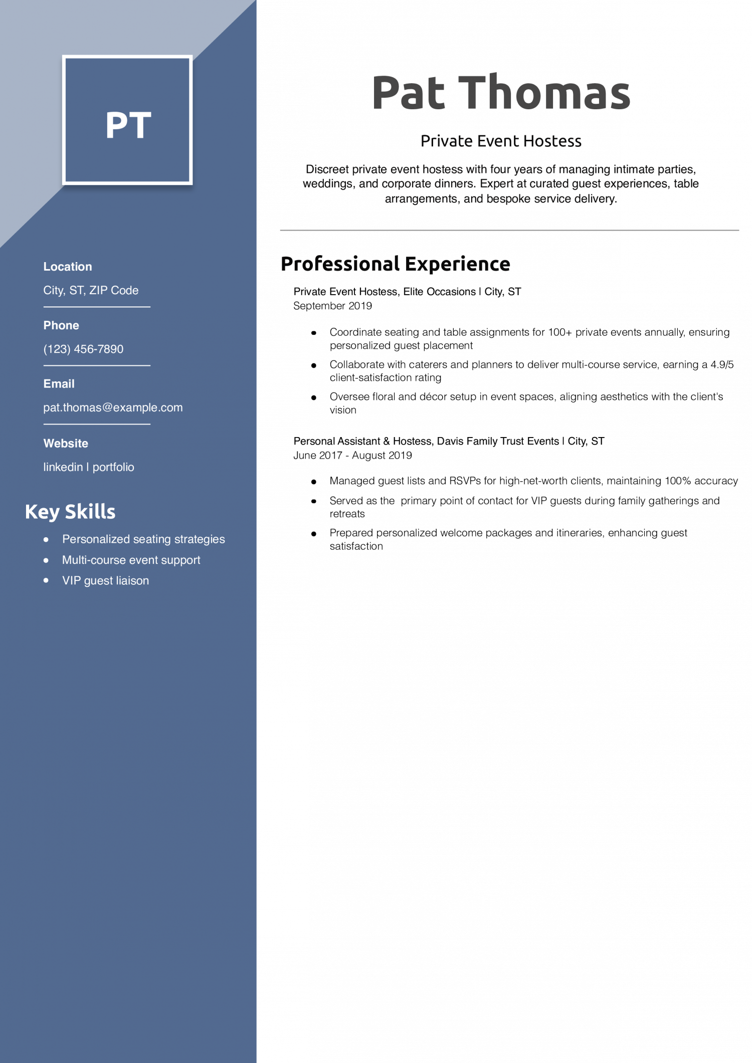 Private Event Hostess Resume Example