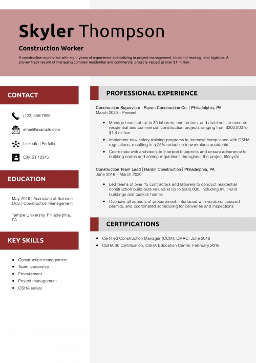 Construction Worker Resume Example