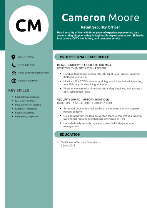 Retail Security Officer Resume Example 