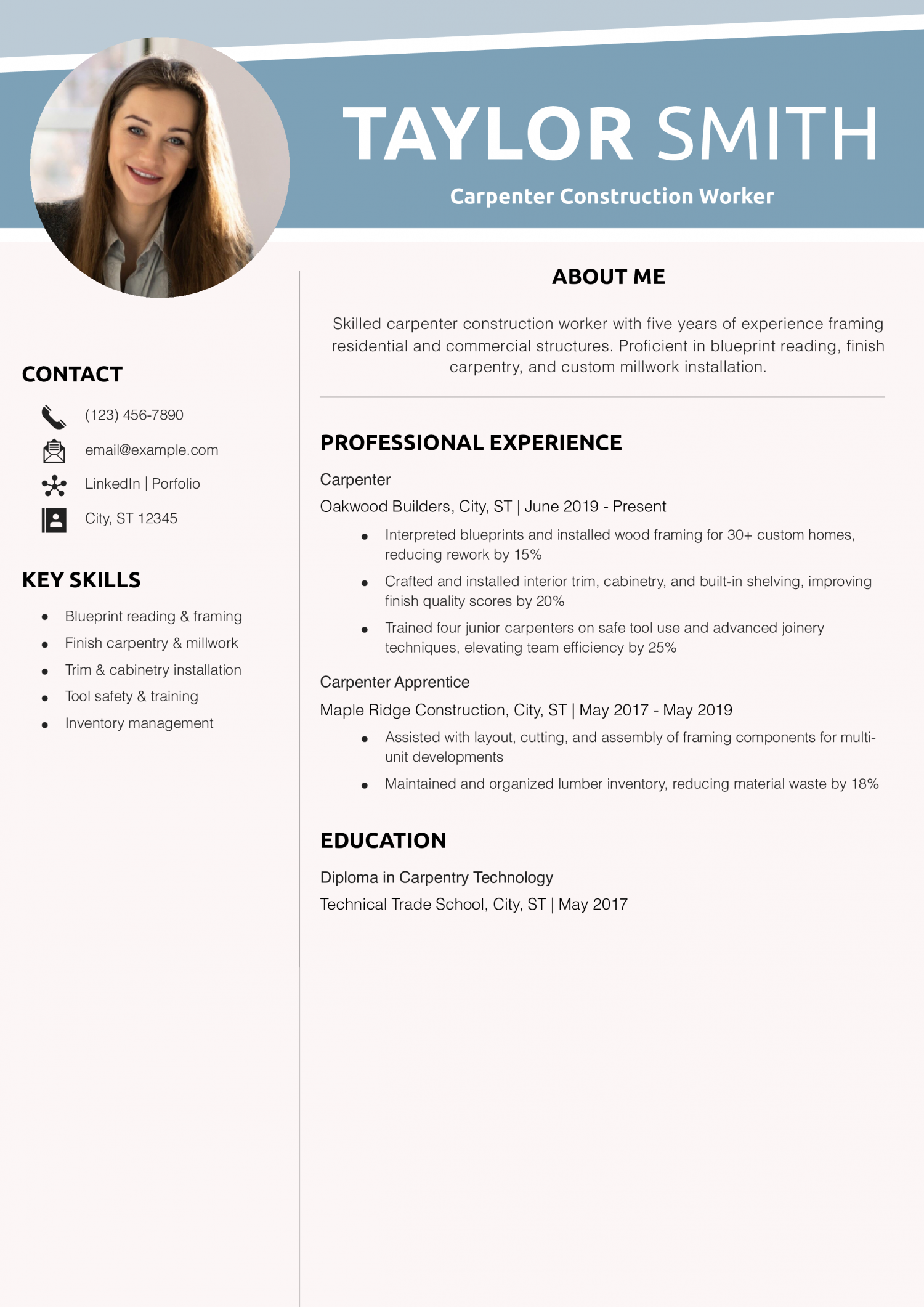 Carpenter Construction Worker Resume Example
