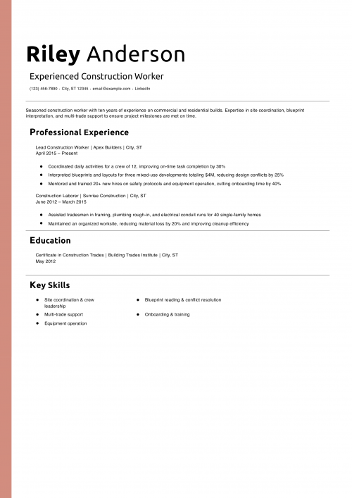 Experienced Construction Worker Resume Example
