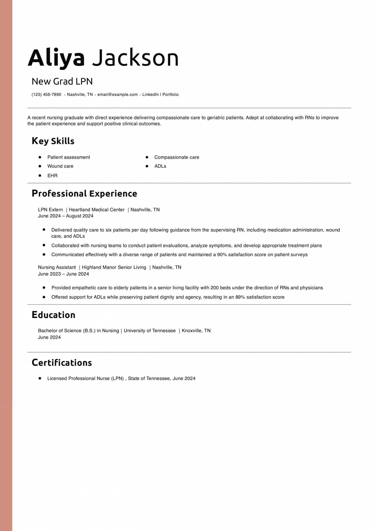 New Grad LPN Resume Example