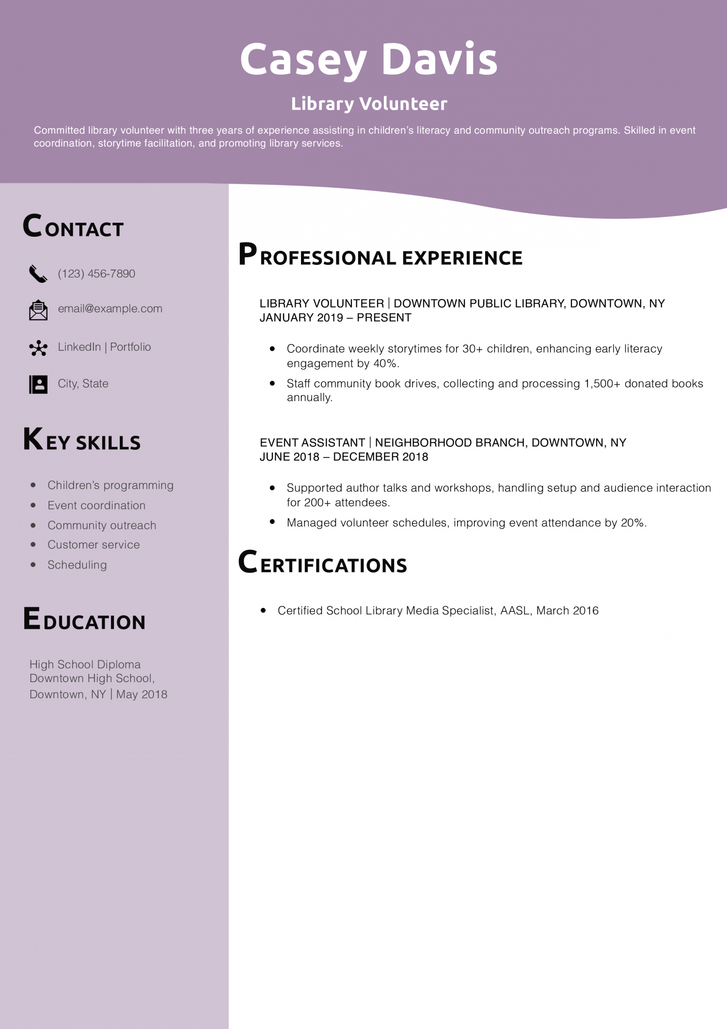 Library Volunteer Resume Example