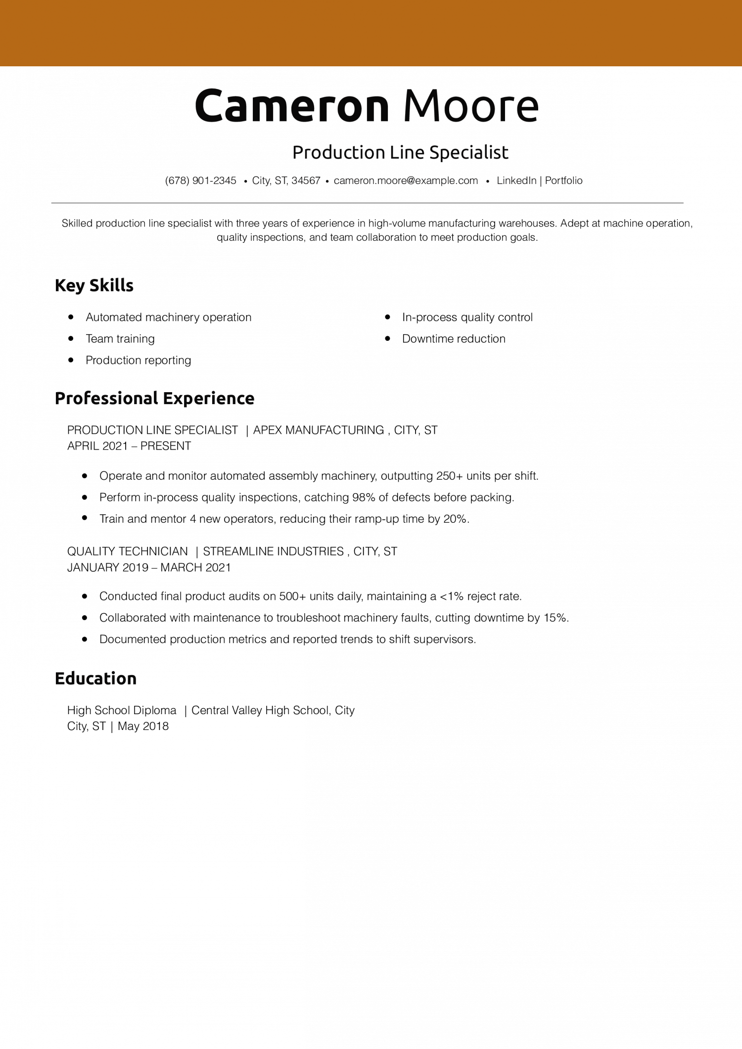 Production Line Specialist Resume Example