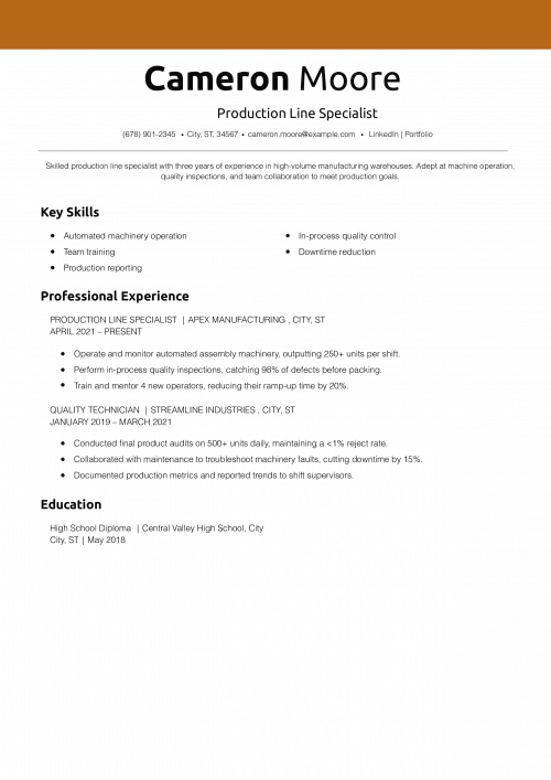 Production Line Specialist Resume Example 