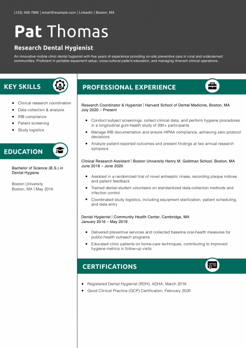 Research Dental Hygienist Resume Example