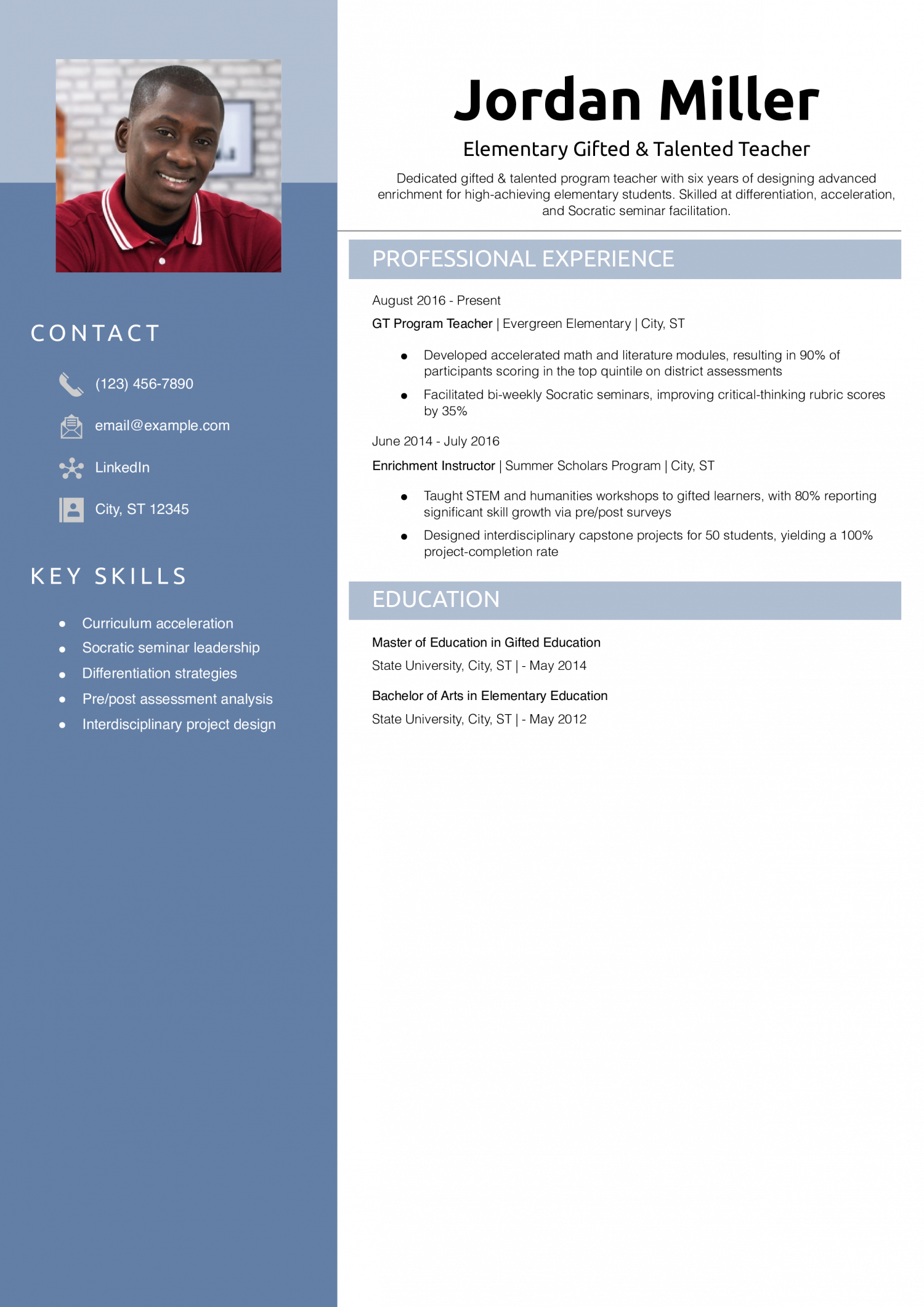 Elementary Gifted & Talented Teacher Resume Example