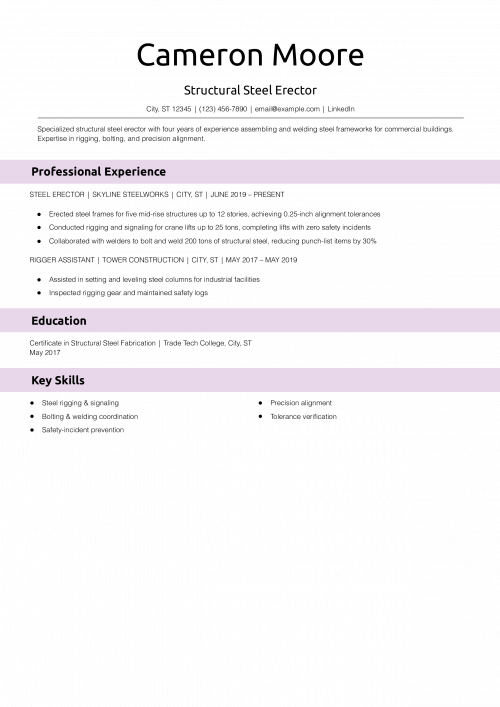 Structural Steel Erector Resume Example
