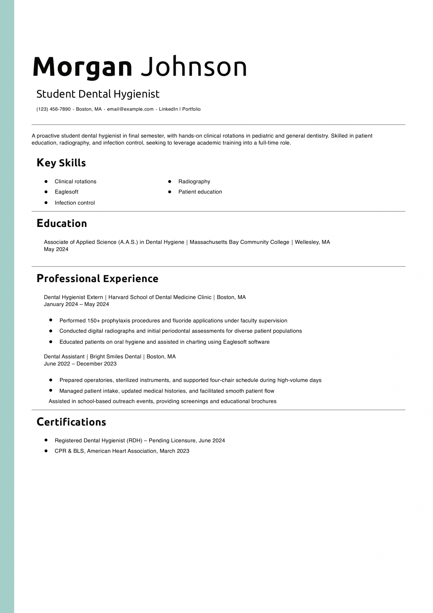 Student Dental Hygienist Resume Example