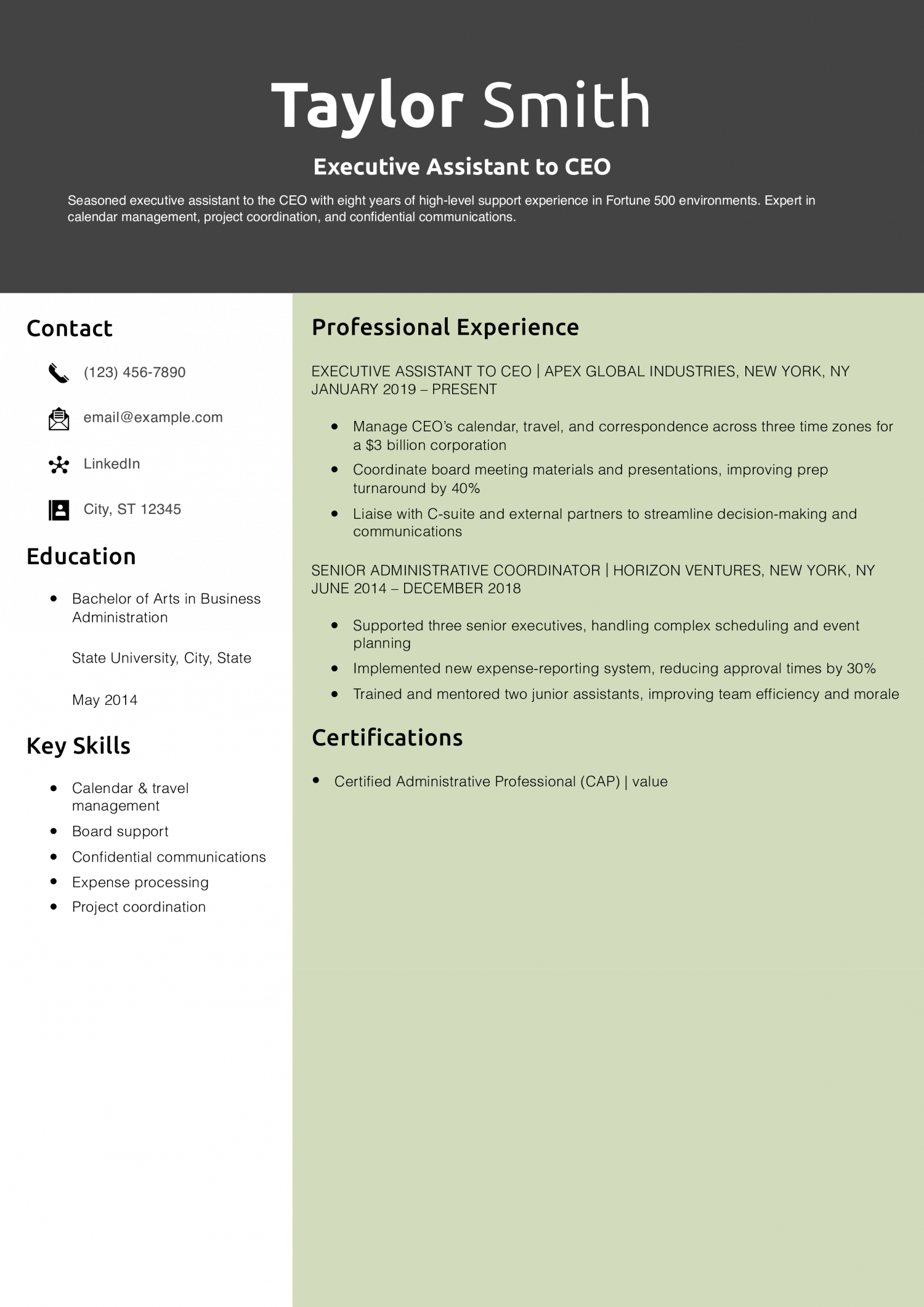 Executive Assistant to CEO Resume Example