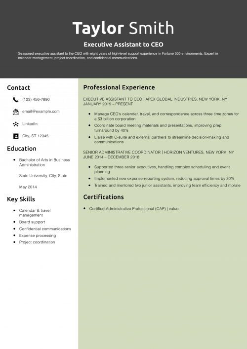 Executive Assistant to CEO Resume Example