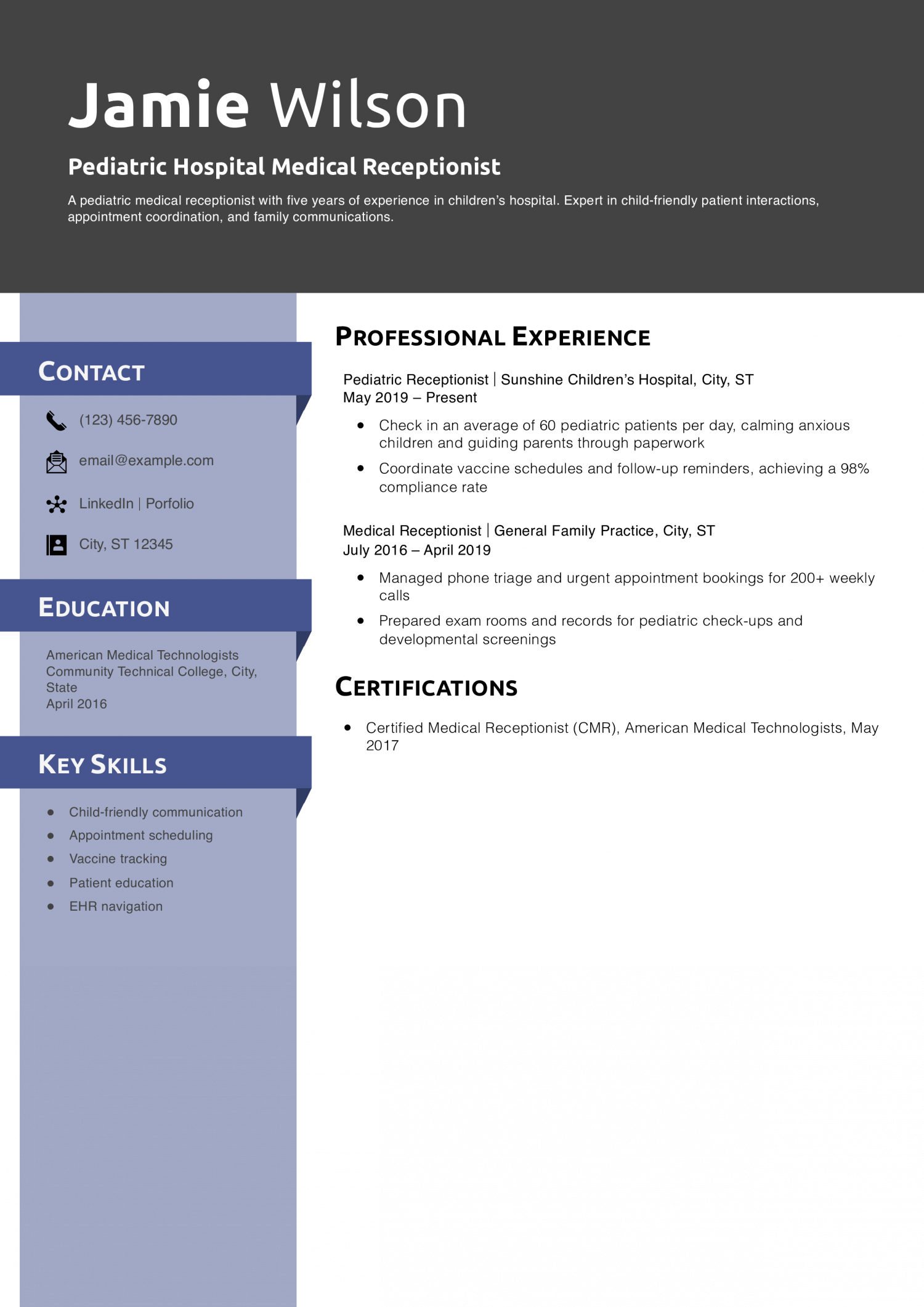 Pediatric Hospital Medical Receptionist Resume Example