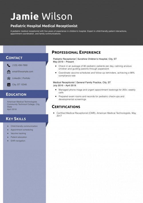 Pediatric Hospital Medical Receptionist Resume Example