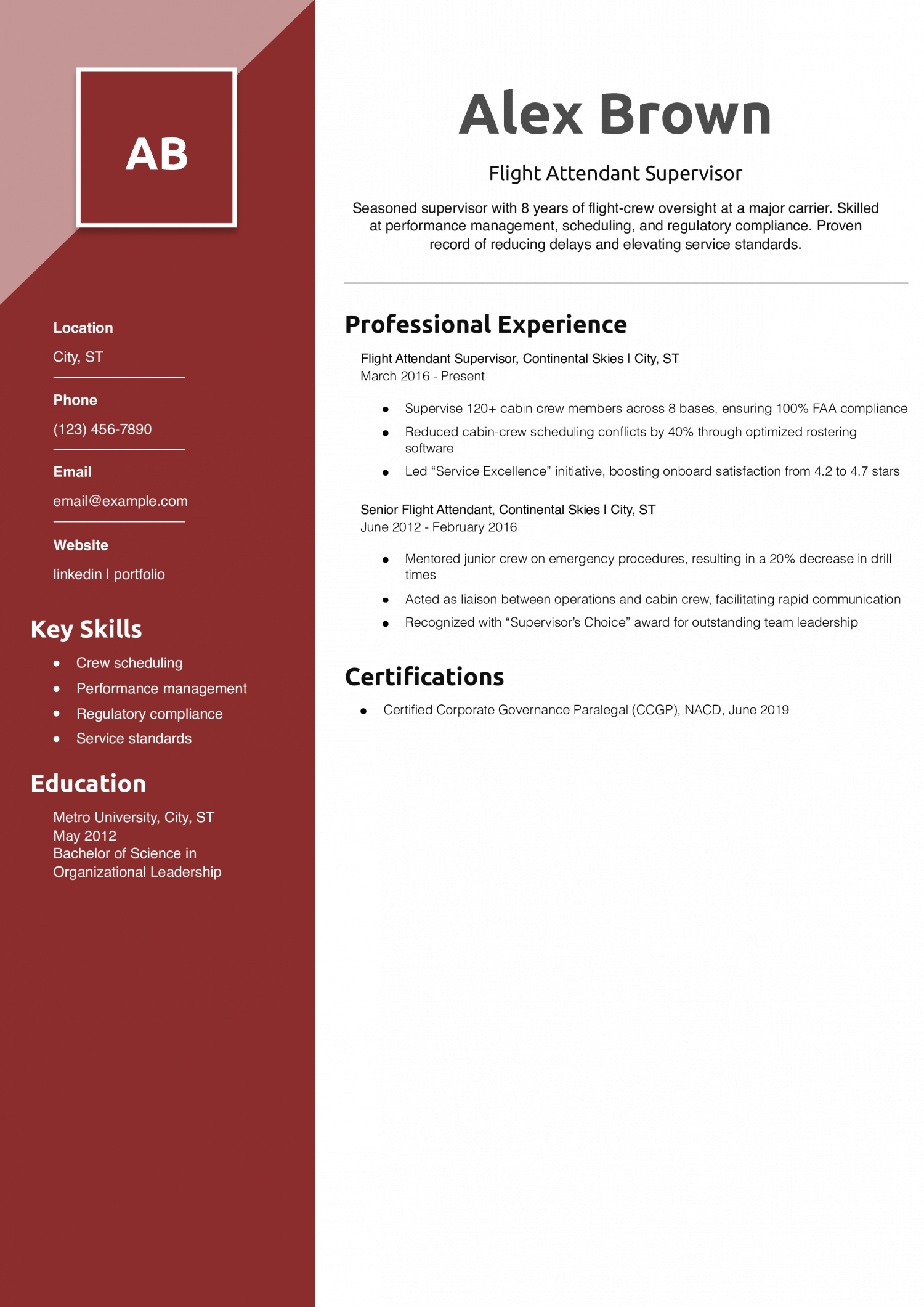 Flight Attendant Supervisor Resume Example