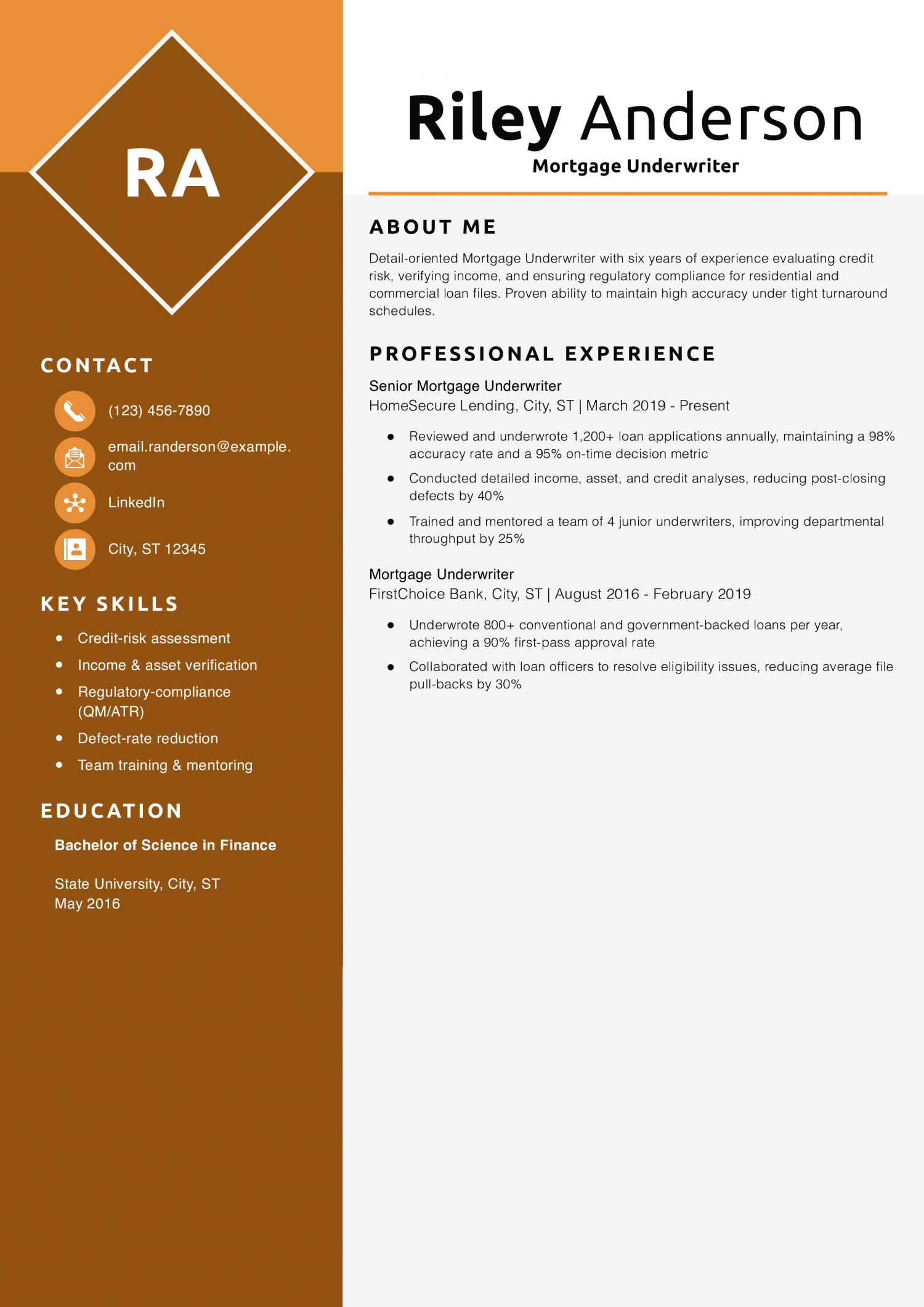 Mortgage Underwriter Resume Example
