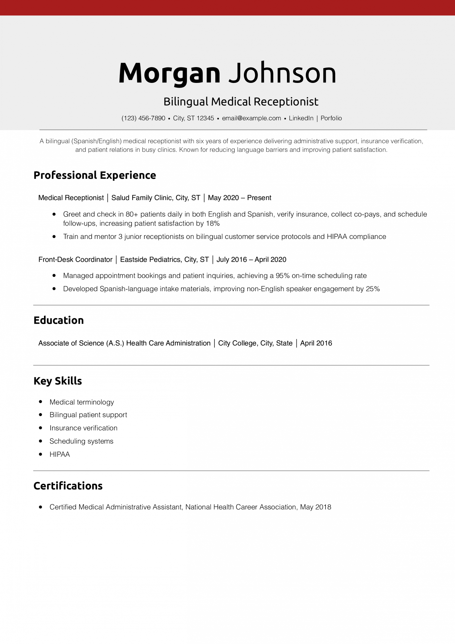 Bilingual Medical Receptionist Resume Example