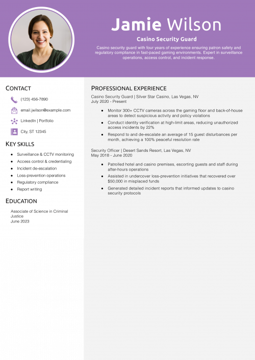 Casino Security Guard Resume Example 