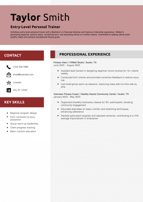Entry-Level Personal Trainer Resume Example