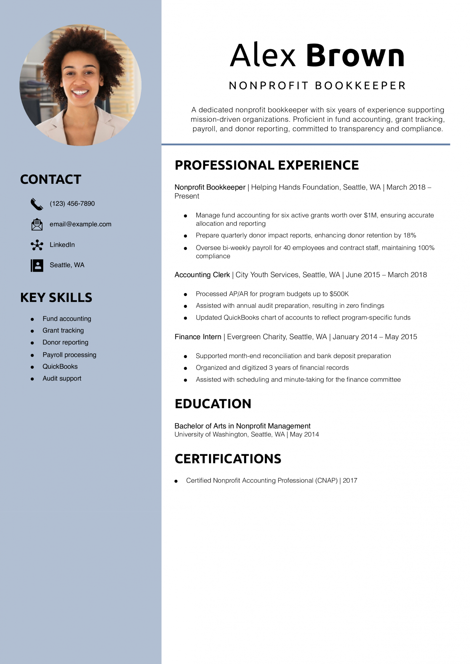 Nonprofit Bookkeeper Resume Example 